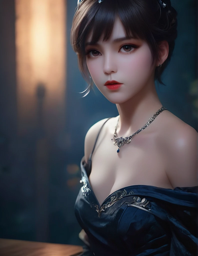 quality(8k wallpaper of extremely detailed CG unit, masterpiece, hight resolution, top-quality, top-quality real texture skin,hyper realisitic, digitial painting,increase the resolution,RAW photos,best qualtiy,highly detailed,the wallpaper),BREAK,8K, (highest quality, Tabletop:1.2, 超A high resolution, Realistic:1.5), RAW Photos, One Girl, Off the shoulder, In the Dark, Deep Shadow, Low light, Cool Tones, Captivating Gaze, short hair, Foggy atmosphere, Mysterious atmosphere, Subtle highlights, Dramatic contrast, Graceful pose, Intense emotions, Heavenly beauty, enchanting darkness, Captivating Expressions