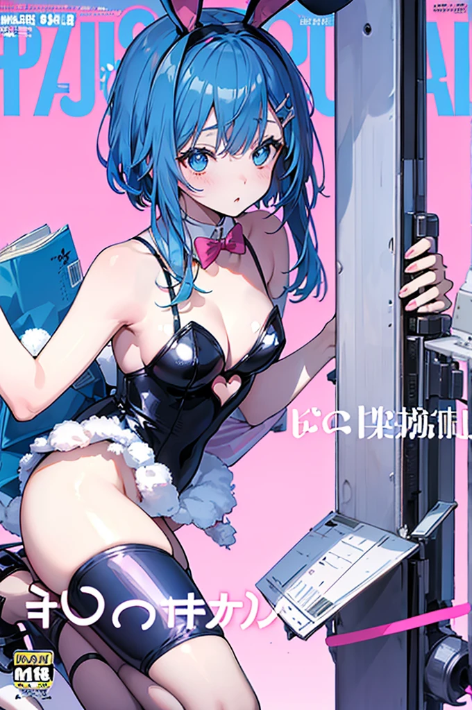 hair ornament, blue hair, rabbit ears, playboy bunny, (Boy Messy Japanese Round Haircut for Thick Hair), bangs, leotard, blue eyes, detached collar, pink background, simple background, (solo)), (magazine:1.3), (cover-style:1.3), fashionable, (masterpiece, best quality, high quality, highres, ultra-detailed)