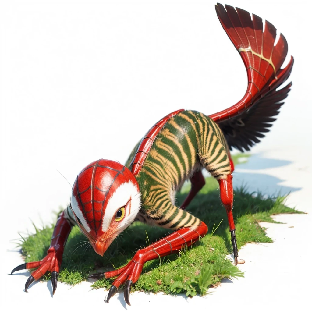 Small Animaly, has green stripes on his skin, reds eyes, seagull mixed with spider, Grassroots, no background