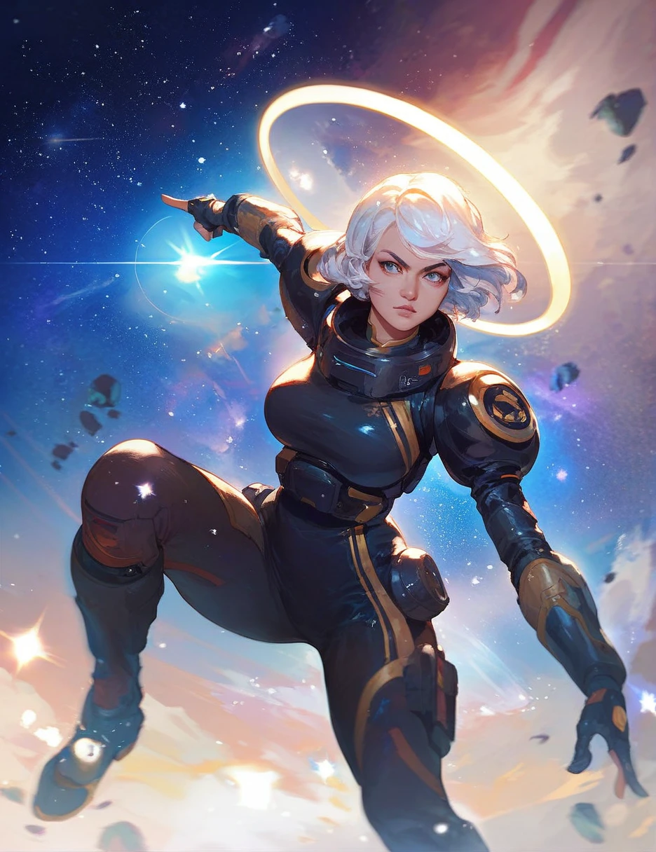 score_9, score_8_up, score_7_up,((1girl)),starry_background,intense shadows,lens_flare, day,white_background,fighting_stance,agent,glamor,white hair,halo,byzantine_fashion,mature,short hair,space_suit, monkren