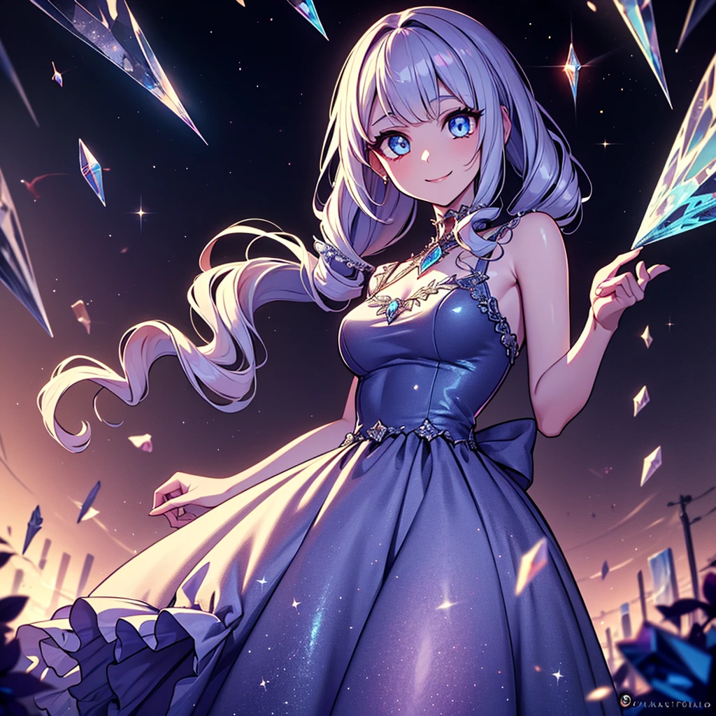 ((masterpiece)), ((best quality)), ((high detail)), ((realistic)), Dramatic composition, court-style dresses, royal, gorgeous, cascading frills, ruffles, bows, crystal chandeliers, Roman curly hairstyles, ponet, double ponytails like drills, look at the camera, bangs, maximalism, palatial background, delicate portrayal of hair and eyes, princess dresses, gorgeous skirts, flowers in hand, smiles, starry eyes, cinematic light, extreme detail, high definition, happy girl, very long hair, diamonds, broken diamonds, crystal fragments, light particles