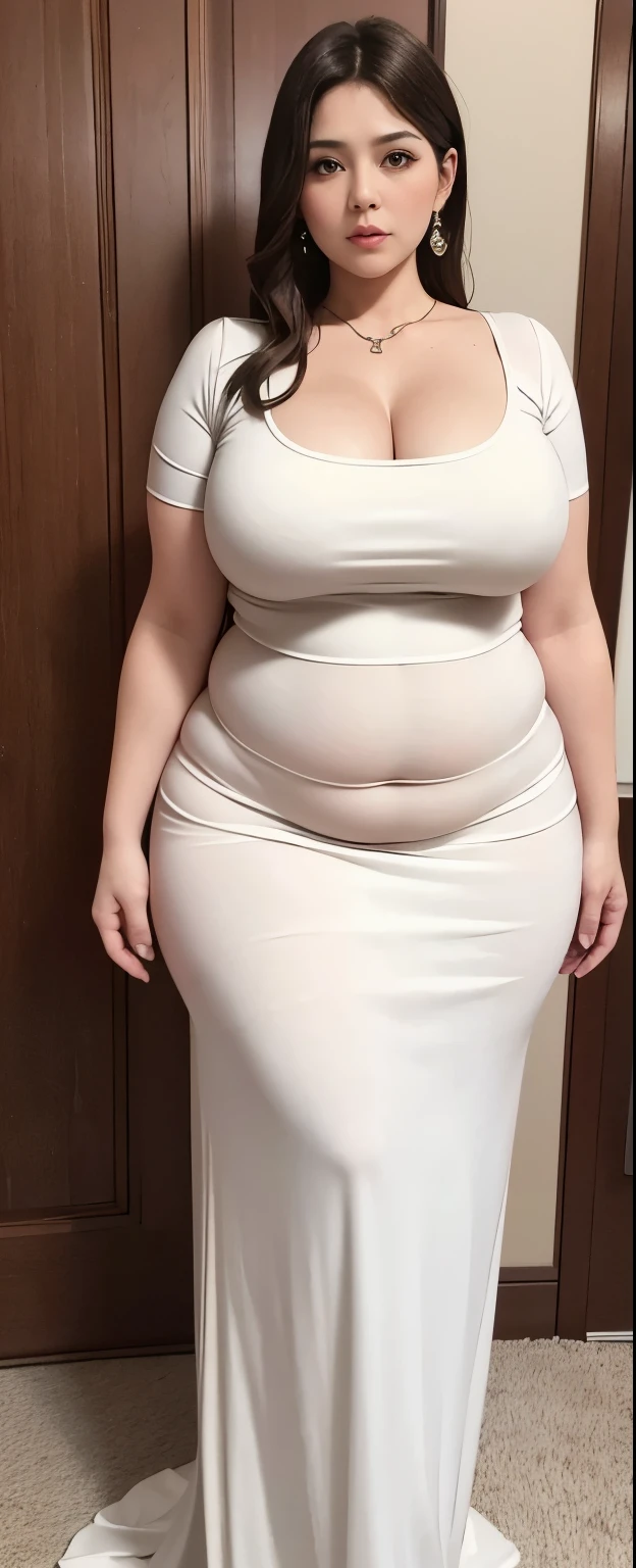 Chubby woman with fat belly and tight thighs, full body, 50-year-old mature woman, thick hips, thick neck, thick chest, big eyes, wearing a longest dress