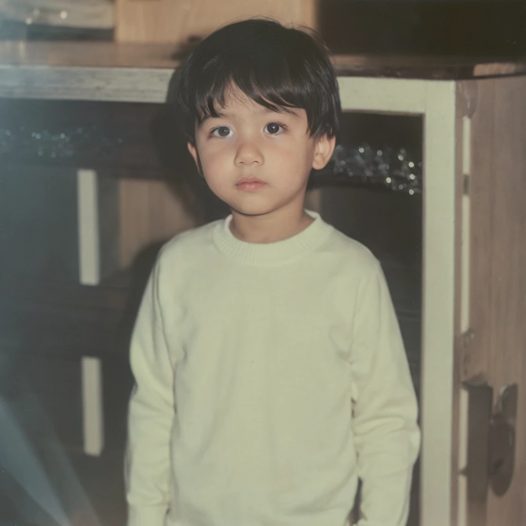 The image is a vintage photo of a young boy in a white long sleeve sweater, standing in front of a white cabinet, with a dark-colored floor and a glass door in the background.