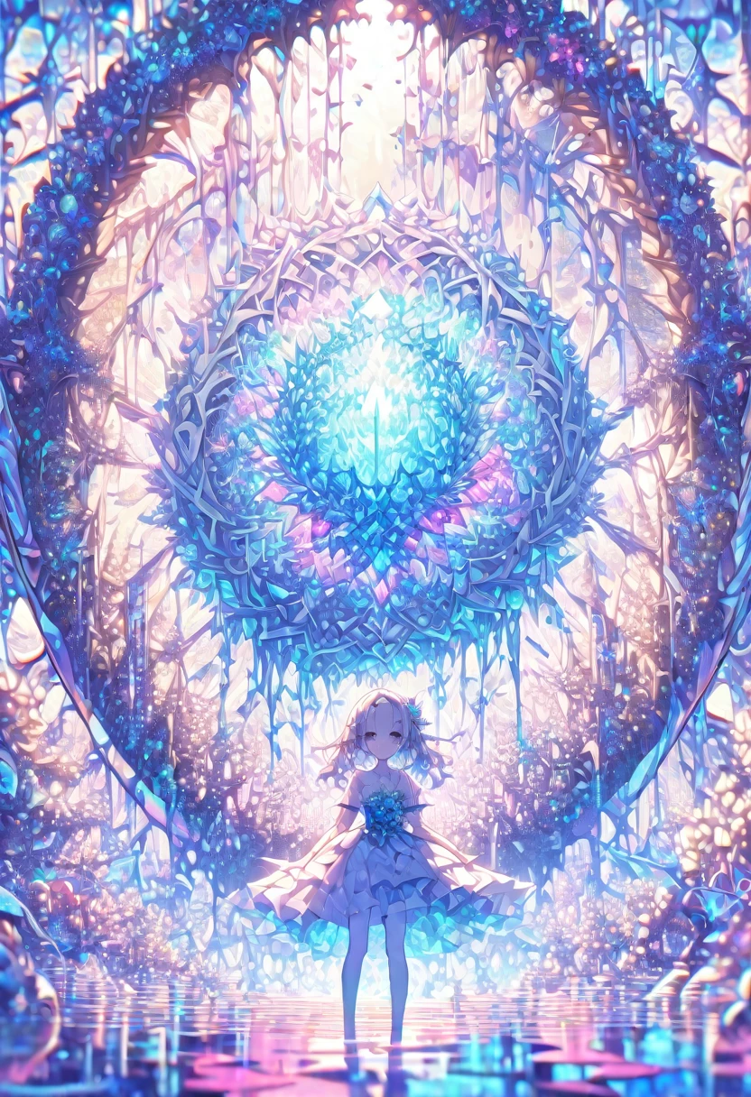 ((masterpiece)), (anime:1.3), ((Highest quality)), (Abstract art:1.5), (High resolution), (pale colour), Wide Shot, (Fractal structure:1.5), , landscape, (beautiful), (Biological atmosphere), deep sea, (pretty girl), beautiful白い髪, transparent Glass ice mirror Blue rose water晶 透き通っている water prism