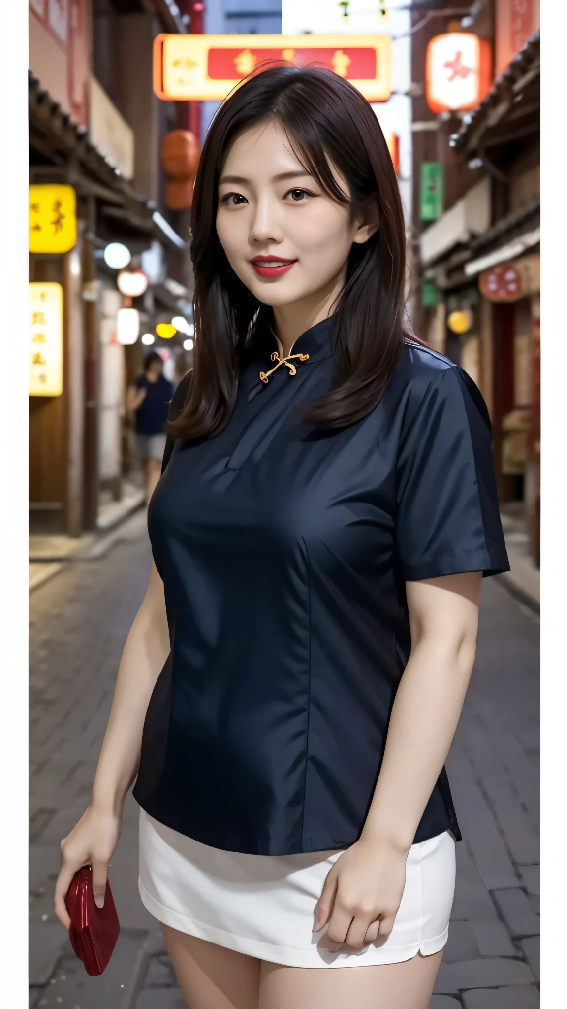 Japanese women、One person、Living in 昔のChinatown、Slightly chubby、Chinese style hair、Laughing with your mouth open、Red lipstick、Short sleeve blue cheongsam、Sexy pose、Very short、Old town、Chinatown at night、The lighting is bright、