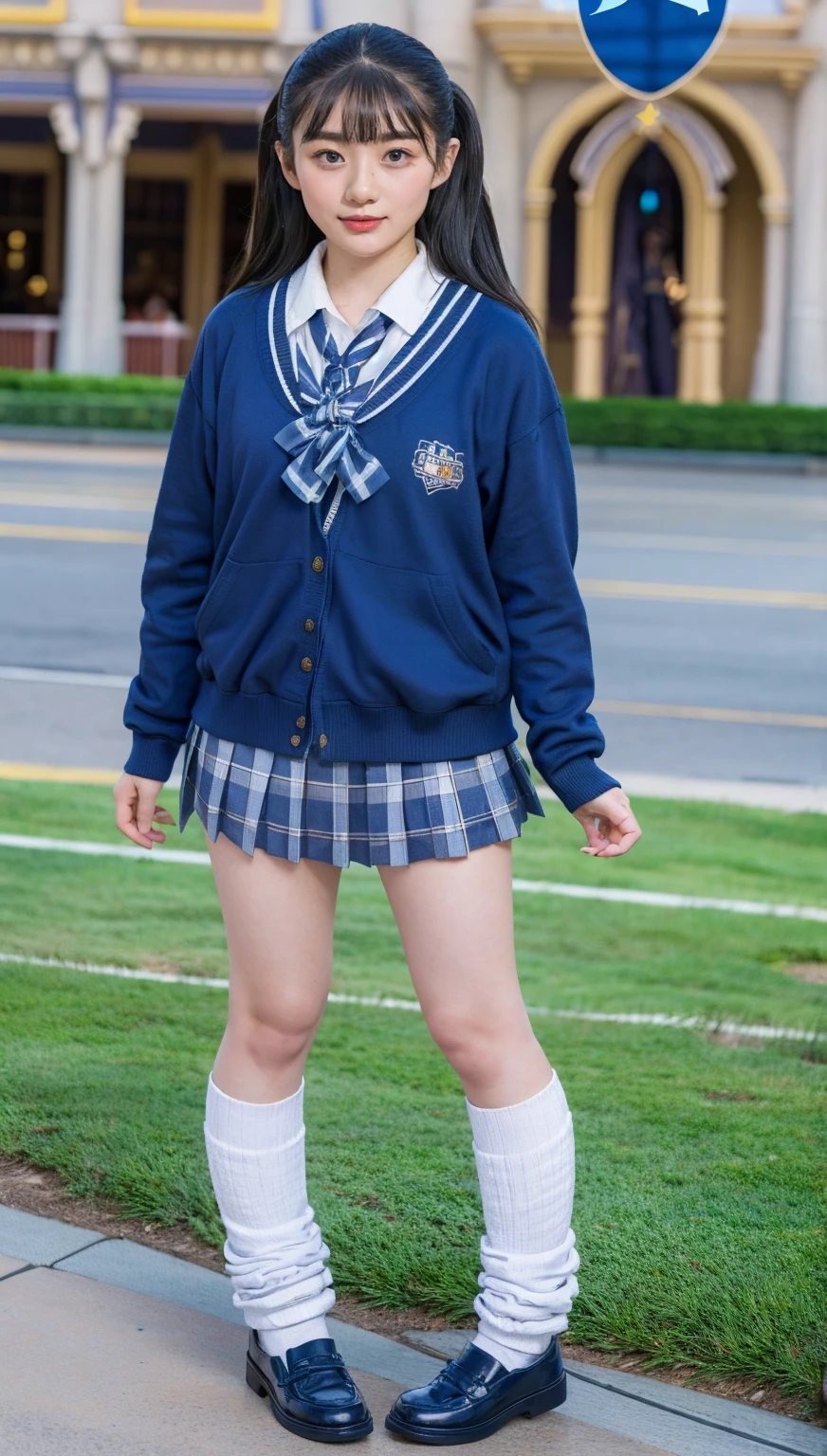 (photorealistic:1.4), (fullbody shot), (short stature),best quality, masterpiece, raw 32k photo, (extremely detailed japanese beautiful girl), (extremely detailed eyes:1.2),(baby face),(lolita),(14 years old), (cute face:1.2), ultra-detailed, ultra high res, amazing, BREAK,standing,
(school uniform:1.5),detailed school girl, (disneyland:1.4), beautiful detailed girl, bangs, cute face, miniskirt,(baggysocks)