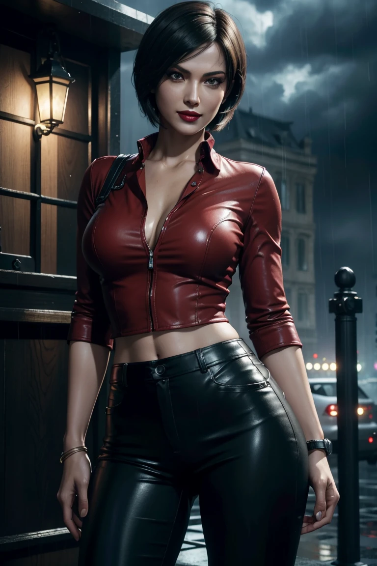 Resident Evil 6,Ada,Short Hair,Red Shirt,Stand up your collar,Black Leather Pants,Photorealistic,Ultra HD,high quality,masterpiece,Digital SLR,Detailed details,Intricate details,Anatomical basis,Depicted in detail,A detailed face,Realistic skin texture,Vivid details,Perfect Anatomy,Perfect Anatomy,Anatomically correct hand,Anatomically correct fingers,Super Detail,Complex 3D rendering,Sexy pose,Rainy Sky,Beautiful scenery,Fantastic rainy sky,Picturesque,Red Lip,smile,