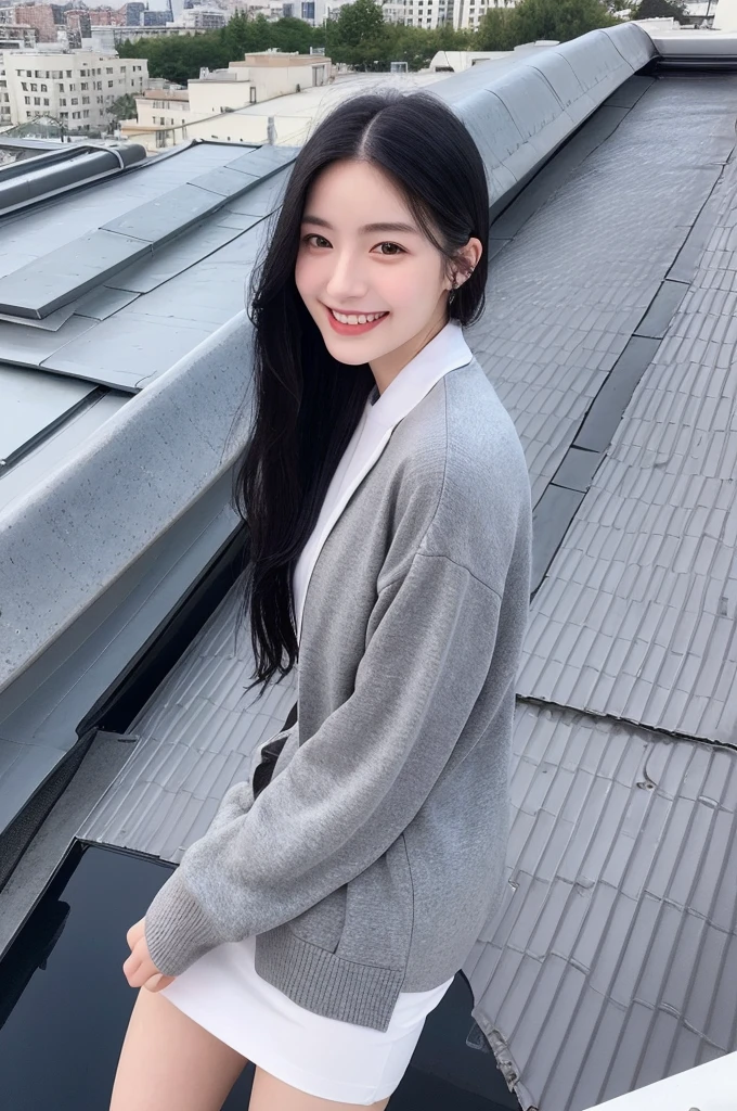 22-year-old girl, with gray eyes, pale white skin, slim figure, smiling, black hair, fashionable, photo taken with an ultra-realistic professional camera, she is on the roof of a luxurious building