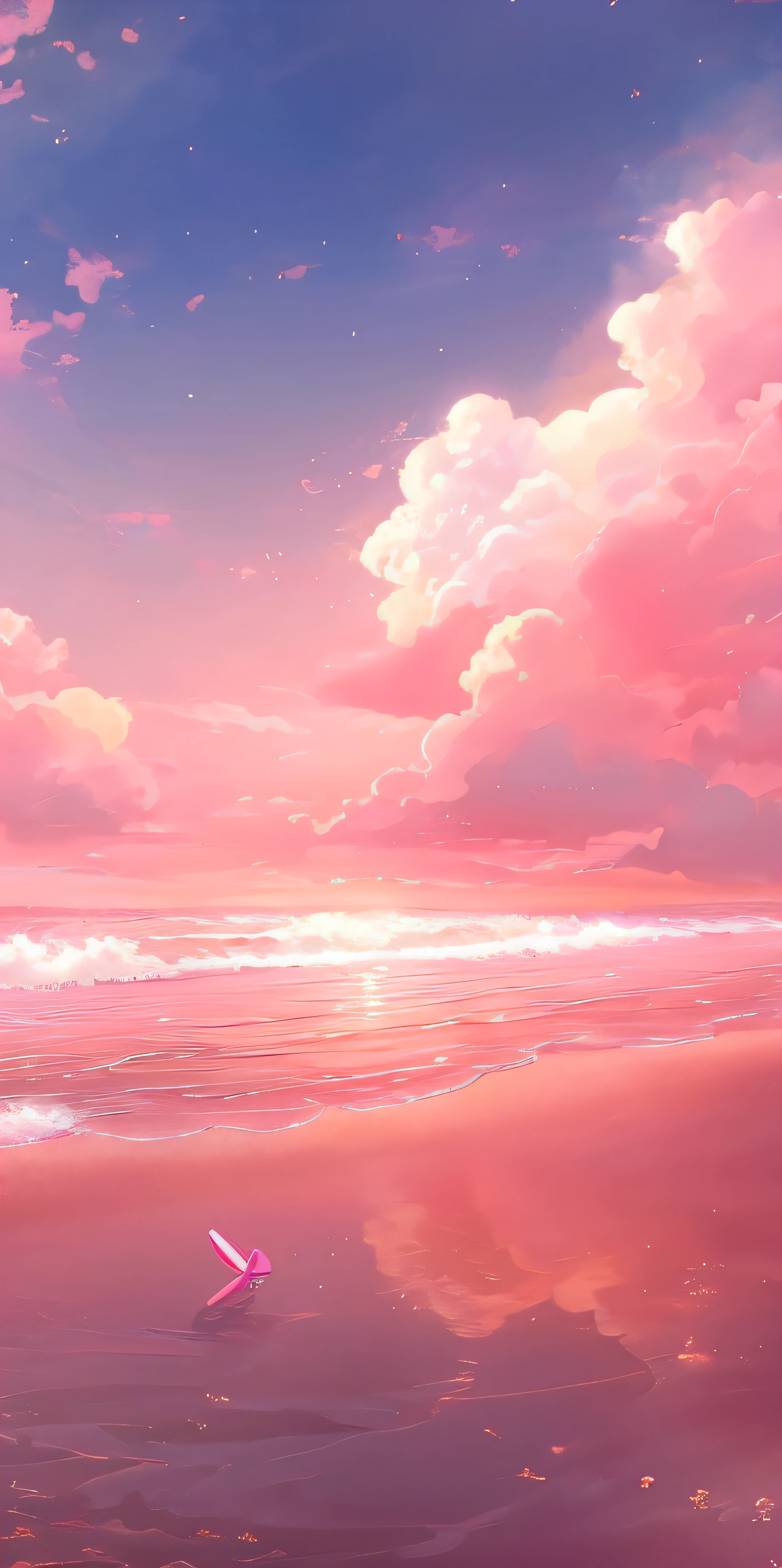 anime girl walking on the beach with a surfboard under a cloudy sky, fluffy pink anime clouds, looking out at a pink ocean, pink skies, Pink sky, heaven pink, Pink sunset, pink landscape, pink hues, Pink clouds, pink sunlight, beautiful aesthetic art, pink sunset hue, Beautiful wallpaper, anime backgrounds, Magnificent background, dreamy scenes, Beautiful background