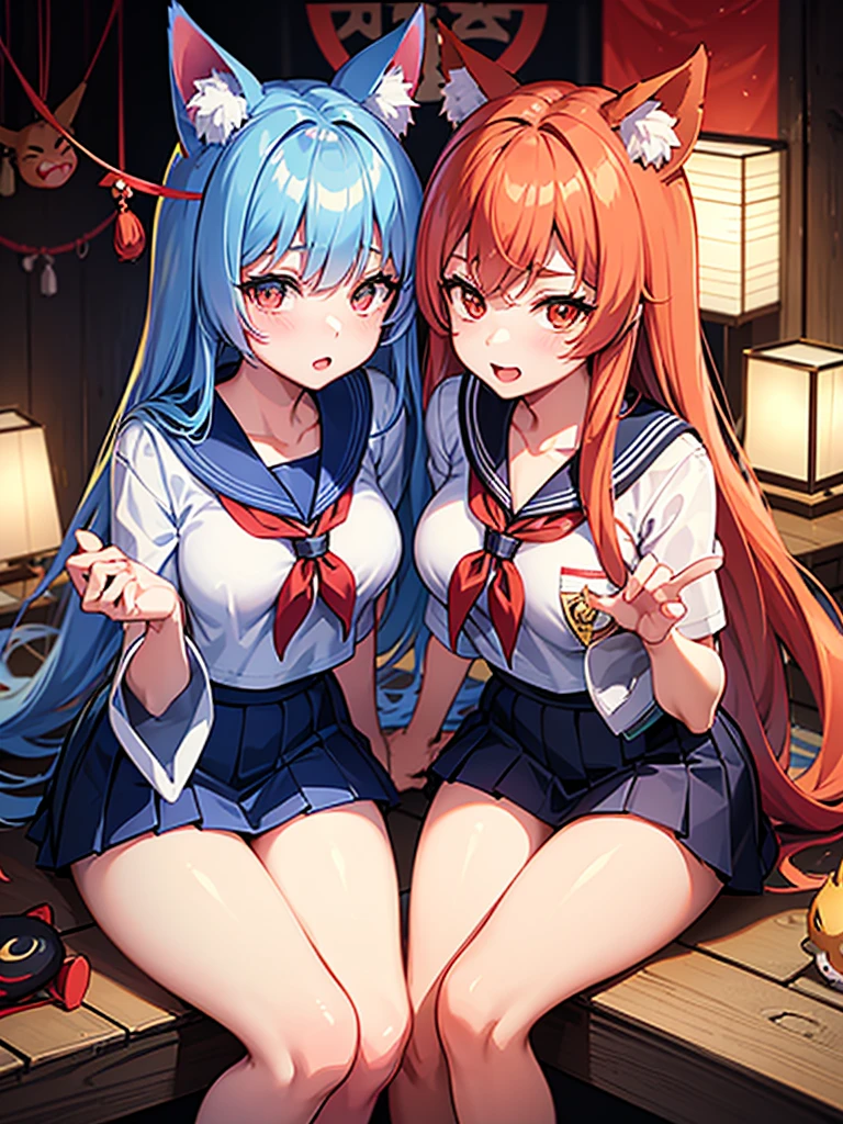 Two girls. One is wearing a Japanese-style fox mask. The other is wearing a Japanese-style demon mask. One is wearing a sailor uniform. A slightly horror-like illustration. A teasing composition. Illustration from the knees up.