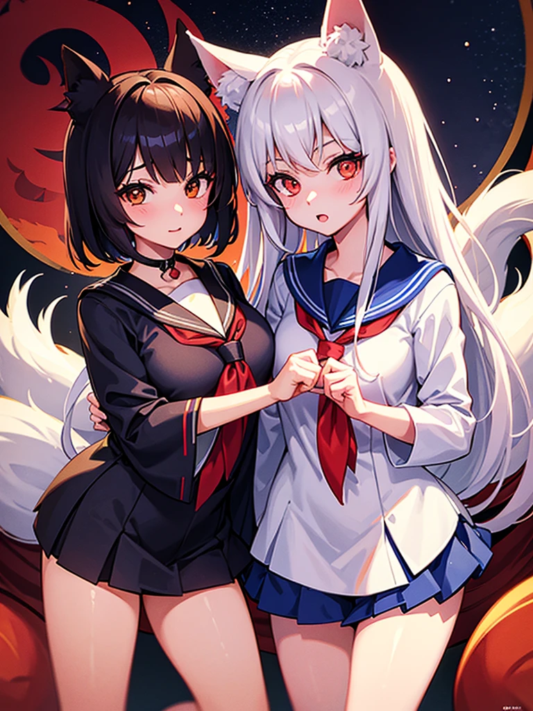 Two girls. One is wearing a Japanese-style fox mask. The other is wearing a Japanese-style demon mask. One is wearing a sailor uniform. A slightly horror-like illustration. A teasing composition. Illustration from the knees up.