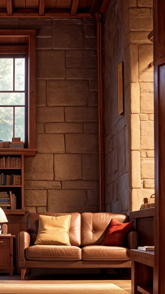 Bible on the table, sofa on the right,