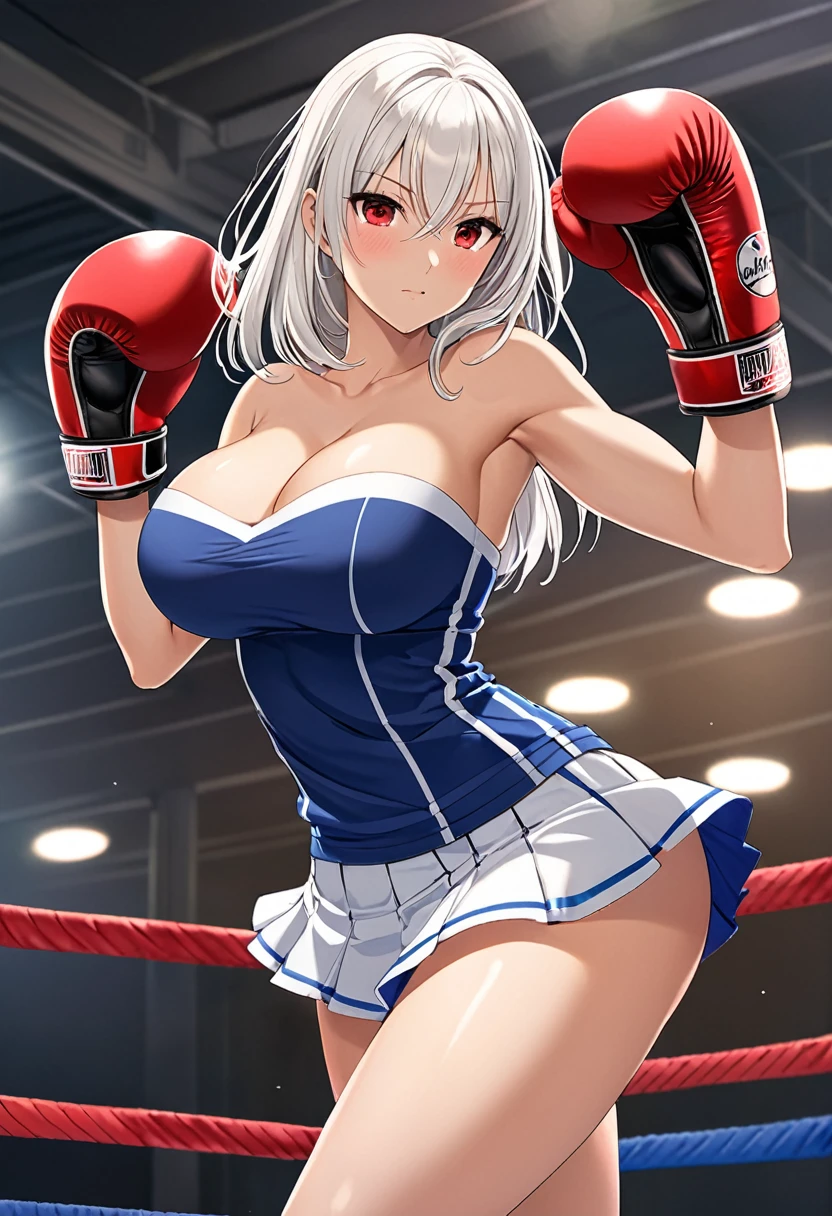 high quality,Mature beauty,White straight hair,Red Eyes,shy,blush,Wear strapless underwear,Tennis Skirt,Black stockings,High heel,Wearing boxing gloves,Cleavage,Large Breasts,Long legs,Thin waist,Vest line,Absolute Domain,fist up,Boxing Stance