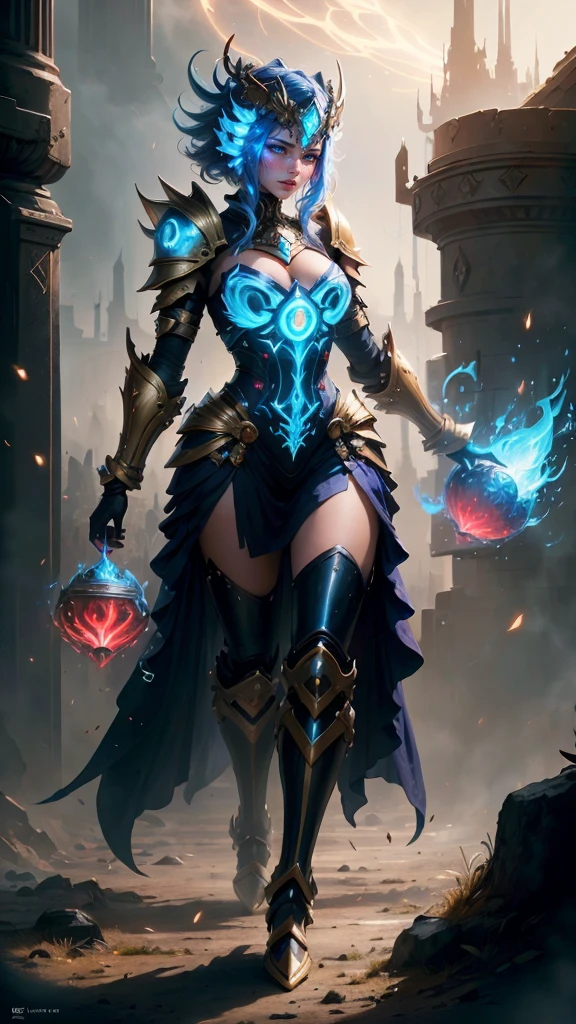A woman adorned in fantasy-style full-body armor, a crown-concept fully enclosed helmet that unveils only her eyes, a composite layered chest plate, fully encompassing shoulder and hand guards, a lightweight waist armor, form-fitting shin guards, the overall design is heavy-duty yet flexible, (the armor gleams with a golden glow, complemented by red and blue accents), exhibiting a noble aura, she floats above a fantasy-surreal high-tech city, this character embodies a finely crafted fantasy-surreal style armored hero in anime style, exquisite and mature manga art style, (mixture of Queen bee and Spider concept Armor, plasma), ((Element, elegant, goddess, femminine:1.5)), metallic, high definition, best quality, highres, ultra-detailed, ultra-fine painting, extremely delicate, professional, anatomically correct, symmetrical face, extremely detailed eyes and face, high quality eyes, creativity, RAW photo, UHD, 32k, Natural light, cinematic lighting, masterpiece-anatomy-perfect, masterpiece:1.5