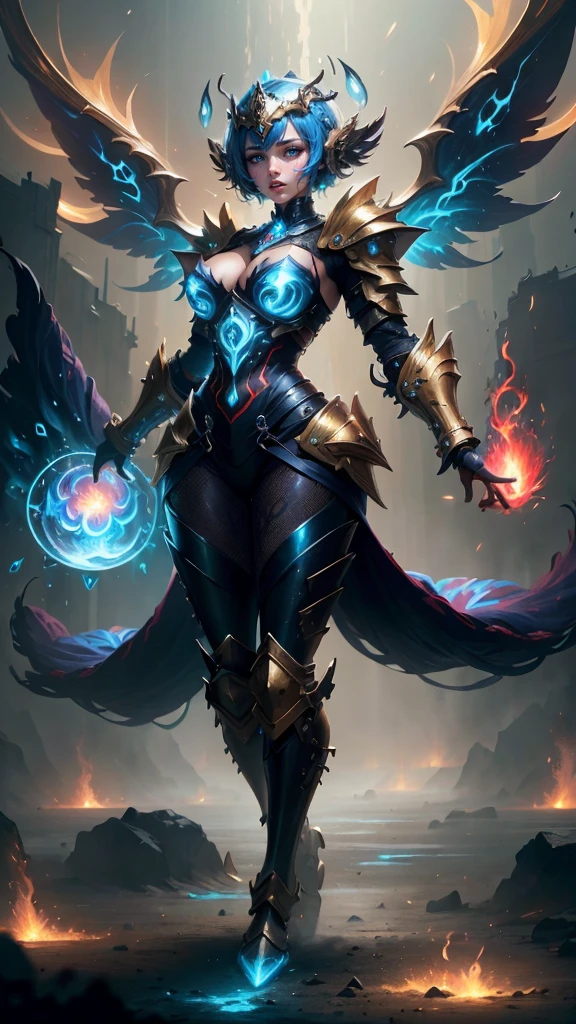 A woman adorned in fantasy-style full-body armor, a crown-concept fully enclosed helmet that unveils only her eyes, a composite layered chest plate, fully encompassing shoulder and hand guards, a lightweight waist armor, form-fitting shin guards, the overall design is heavy-duty yet flexible, (the armor gleams with a golden glow, complemented by red and blue accents), exhibiting a noble aura, she floats above a fantasy-surreal high-tech city, this character embodies a finely crafted fantasy-surreal style armored hero in anime style, exquisite and mature manga art style, (mixture of Queen bee and Spider concept Armor, plasma), ((Element, elegant, goddess, femminine:1.5)), metallic, high definition, best quality, highres, ultra-detailed, ultra-fine painting, extremely delicate, professional, anatomically correct, symmetrical face, extremely detailed eyes and face, high quality eyes, creativity, RAW photo, UHD, 32k, Natural light, cinematic lighting, masterpiece-anatomy-perfect, masterpiece:1.5