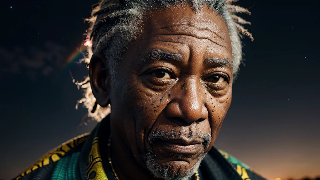 an elderly, african sage under a night sky, his face highlighted with translucent rainbow hues, telling stories of the past and future, intertwining fate with diversity, morgan freeman face, ultra high definition, super detail, fierce, aggressive, authoritative aura