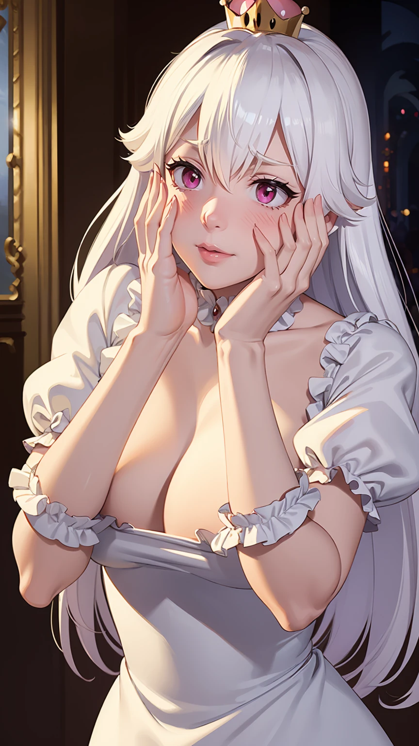 ((masterpiece)), ((best quality)), (detailed), perfect, solo, boosette, gorgeous girl, luscious lips, white hair, (((very shy))), (((blushing))), (((hands on face))), in a haunted mansion,