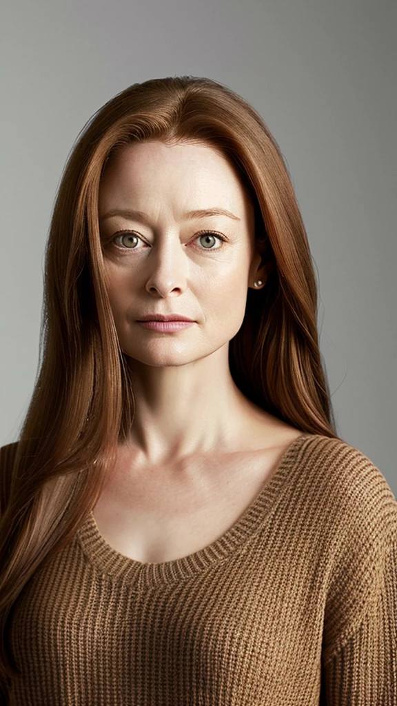 Retrato de plano medio,RAW, una mujer,37 years old , Photo studio,( SFW),[ gran detalle: ( ojos :Miranda otto),( Eyelids : vesper lynd),(between eyebrows:vesper lynd),(cejas : Vesper lynd),(frente: vesper lynd),(nariz:Miranda Otto),(boca: Miranda Otto),(jawline: Miranda Otto), ( jaw angle: Vesper lynd) ,( pechos: Vesper lynd)] looking to the camera, wears V-Neck Ribbed Knit Sweater,unisex thermal ski pants