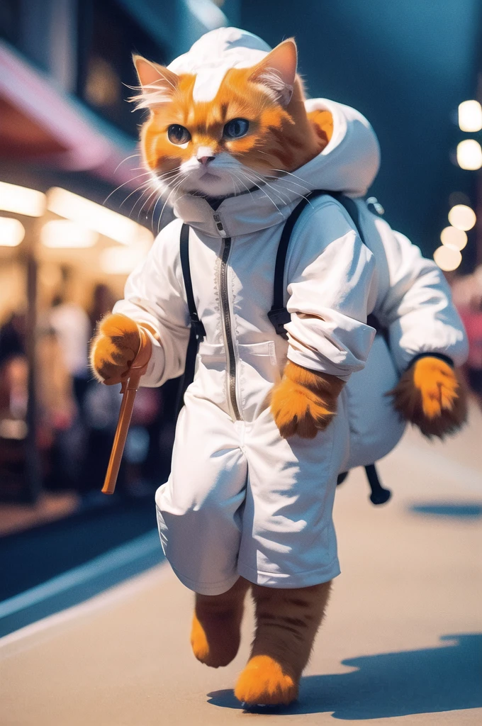 A 21 year old、Strong build、clothed in space suit、Full breasts、Strong female orange cat holding a giant futuristic rifle,Walking on the street