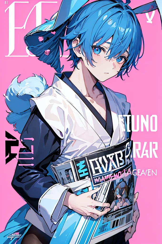 ((1boy)), hair ornament, blue hair, rabbit ears, playboy bunny, (Boy Messy Japanese Round Haircut for Thick Hair), bangs, leotard, blue eyes, detached collar, pink background, simple background, (solo)), (magazine:1.3), (cover-style:1.3), fashionable, (masterpiece, best quality, high quality, highres, ultra-detailed)