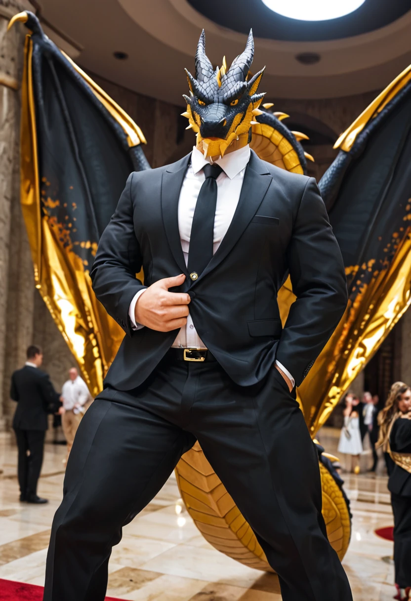 Shawt a black man i. A black suit standing in front of a massive gold
dragon