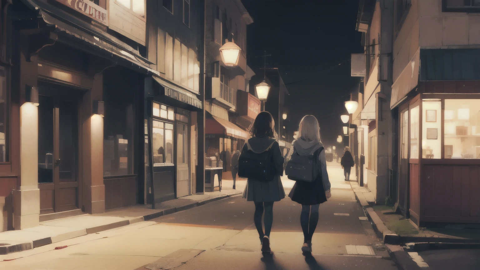 Two girls walking on the street at night