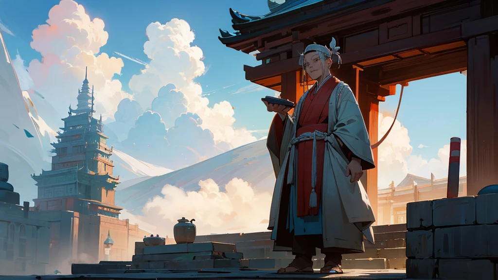 A very old  ancient Chinese immortal is holding a pill and standing beside a furnace on the clouds,in the Palace in the Sky.