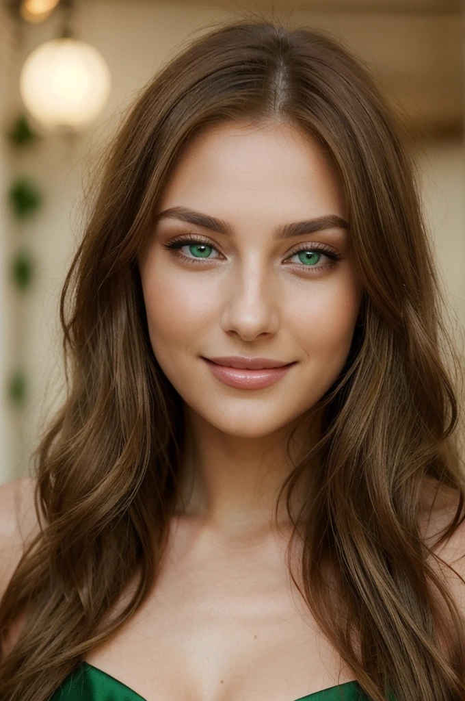 stunning woman with chestnut hair and captivating green eyes. She has a seductive gaze. Her medium-length hair is smooth, silky, and shiny. Her skin is flawless, with a natural look. She has a beautiful smile, and her lips are full, but not too large.