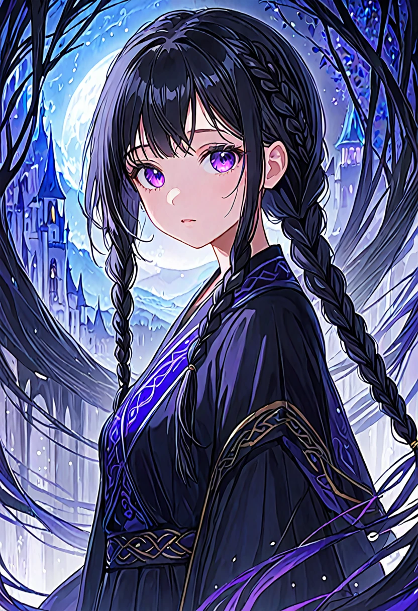 Girl, teenage, black hair, Braid, Purple eyes mixed with blue, dark, fantasy world