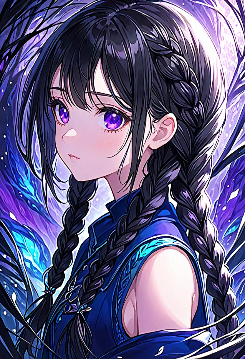 Girl, teenage, black hair, Braid, Purple eyes mixed with blue, dark, fantasy world