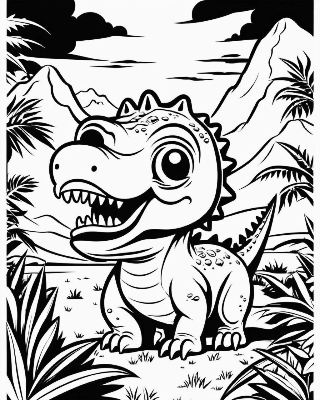 coloring page, cute dinosaur, cartoon style, thick lines, line art, white and black, against a white background, beautiful, awesome
