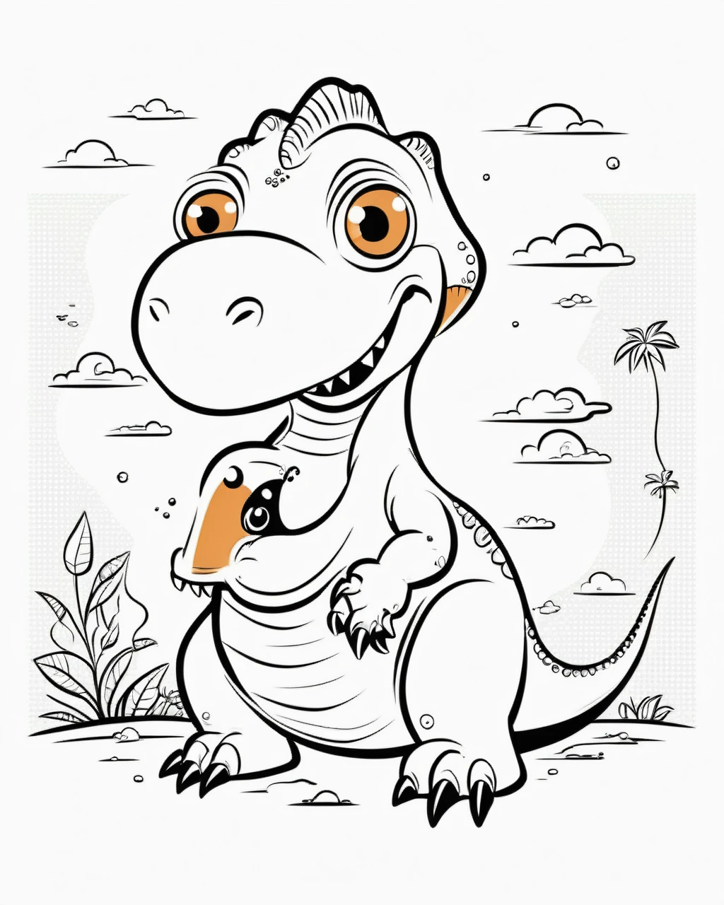 coloring page, cute dinosaur, cartoon style, thick lines, line art, white and black, against a white background, beautiful, awesome
