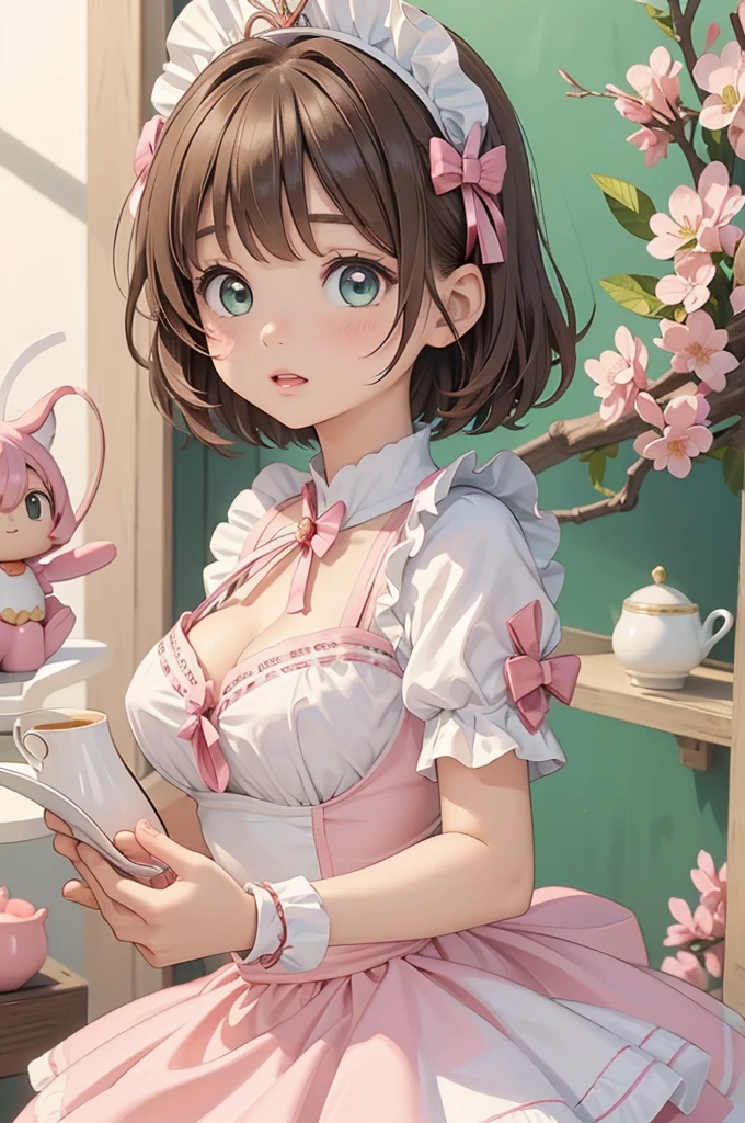 masterpiece, best quality, highres, perfect pixel, depth of field, 1girl, single, solo, beautiful anime girl, beautiful artstyle, (beautiful eyes), (detailed face), (blush), anime CG style, (medium breasts), good lighting, perfect body, lips parted, (sakura kinomoto:1.3), glossy lips, (maid), cleavage,  bright eyes,  (short hair:1.3)、Tea party、			
kinomoto sakura, cardcaptor sakura, loli, , green eyes, antenna hair, light brown hair, hair intakes, bangs,