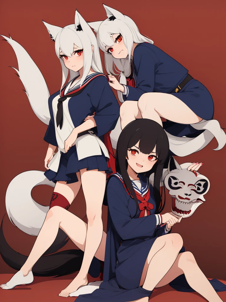 Two girls. One is wearing a Japanese-style fox mask. The other is wearing a Japanese-style demon mask. One is wearing a sailor uniform. A slightly horror-like illustration. A teasing composition. Illustration from the knees up.