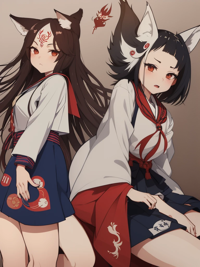 Two girls. One is wearing a Japanese-style fox mask. The other is wearing a Japanese-style demon mask. One is wearing a sailor uniform. A slightly horror-like illustration. A teasing composition. Illustration from the knees up.