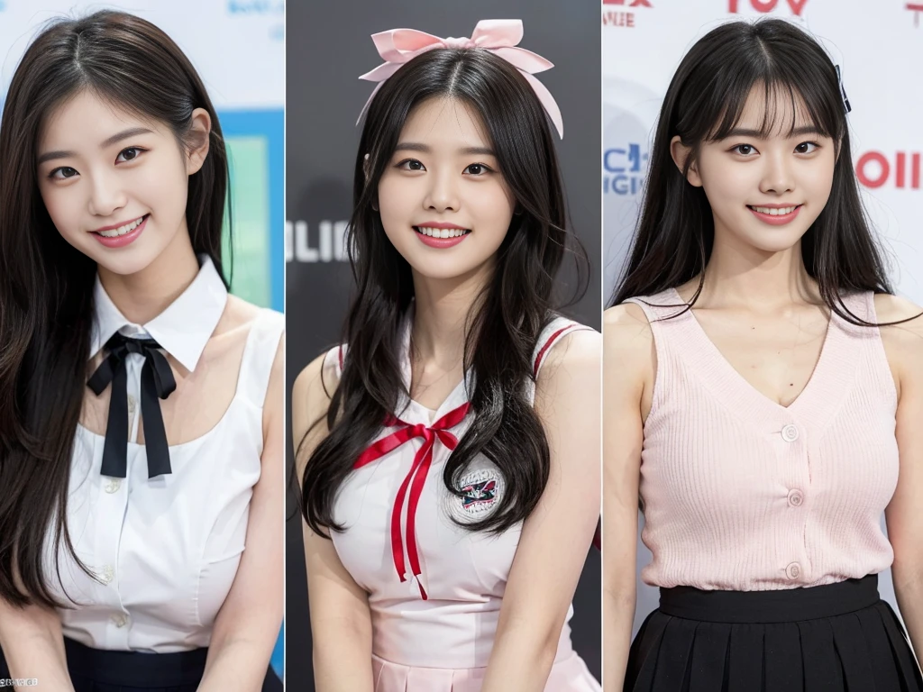 (Super cute Korean high school girls duo taking photos side by side 1.2)(grin,Smile)(Beautiful Sweat:1.1)(16k, RAW Photos, Highest quality, masterpiece: 1.2),(Shiny black hair) Super detailed, Super Resolution, (Genuine, Genuine photos: 1.37), Portraiture, High-resolution RAW color photos, Professional photos, Very detailed, 8k wallpaper, Very detailed CG Unity 8k wallpaper, Very detailed beautiful girls, Very detailed faces, ((whole body)), beautiful woman, Huge breasts,(huge boobs:1.1) (Big Boobs:1.1), Beauty college student (A tight, girly, pale pink sleeveless top with a ribbon.),high School girl, Korean Girls,(K-POP Female Idols), (Idol-class beauty)(Beautiful high school girl:1.1)(School)(18-year-old)(Stylish school uniform-style outfit:1.1)(Group photo:1.3)