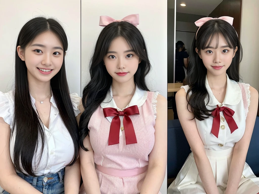 (Super cute Korean high school girls duo taking photos side by side 1.2)(grin,Smile)(Beautiful Sweat:1.1)(16k, RAW Photos, Highest quality, masterpiece: 1.2),(Shiny black hair) Super detailed, Super Resolution, (Genuine, Genuine photos: 1.37), Portraiture, High-resolution RAW color photos, Professional photos, Very detailed, 8k wallpaper, Very detailed CG Unity 8k wallpaper, Very detailed beautiful girls, Very detailed faces, ((whole body)), beautiful woman, Huge breasts,(huge boobs:1.1) (Big Boobs:1.1), Beauty college student (A tight, girly, pale pink sleeveless top with a ribbon.),high School girl, Korean Girls,(K-POP Female Idols), (Idol-class beauty)(Beautiful high school girl:1.1)(School)(18-year-old)(Stylish school uniform-style outfit:1.1)(Group photo:1.3)