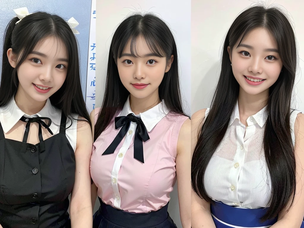 (Super cute Korean high school girls duo taking photos side by side 1.2)(grin,Smile)(Beautiful Sweat:1.1)(16k, RAW Photos, Highest quality, masterpiece: 1.2),(Shiny black hair) Super detailed, Super Resolution, (Genuine, Genuine photos: 1.37), Portraiture, High-resolution RAW color photos, Professional photos, Very detailed, 8k wallpaper, Very detailed CG Unity 8k wallpaper, Very detailed beautiful girls, Very detailed faces, ((whole body)), beautiful woman, Huge breasts,(huge boobs:1.1) (Big Boobs:1.1), Beauty college student (A tight, girly, pale pink sleeveless top with a ribbon.),high School girl, Korean Girls,(K-POP Female Idols), (Idol-class beauty)(Beautiful high school girl:1.1)(School)(18-year-old)(Stylish school uniform-style outfit:1.1)(Group photo:1.3)