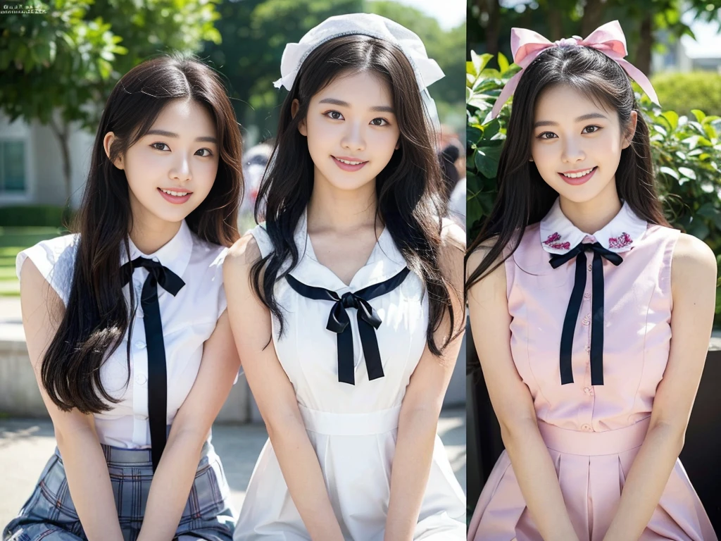 (Super cute Korean high school girls duo taking photos side by side 1.2)(grin,Smile)(Beautiful Sweat:1.1)(16k, RAW Photos, Highest quality, masterpiece: 1.2),(Shiny black hair) Super detailed, Super Resolution, (Genuine, Genuine photos: 1.37), Portraiture, High-resolution RAW color photos, Professional photos, Very detailed, 8k wallpaper, Very detailed CG Unity 8k wallpaper, Very detailed beautiful girls, Very detailed faces, ((whole body)), beautiful woman, Huge breasts,(huge boobs:1.1) (Big Boobs:1.1), Beauty college student (A tight, girly, pale pink sleeveless top with a ribbon.),high School girl, Korean Girls,(K-POP Female Idols), (Idol-class beauty)(Beautiful high school girl:1.1)(School)(18-year-old)(Stylish school uniform-style outfit:1.1)(Group photo:1.3)