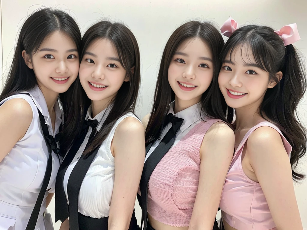 (Super cute Korean high school girls duo taking photos side by side 1.2)(grin,Smile)(Beautiful Sweat:1.1)(16k, RAW Photos, Highest quality, masterpiece: 1.2),(Shiny black hair) Super detailed, Super Resolution, (Genuine, Genuine photos: 1.37), Portraiture, High-resolution RAW color photos, Professional photos, Very detailed, 8k wallpaper, Very detailed CG Unity 8k wallpaper, Very detailed beautiful girls, Very detailed faces, ((whole body)), beautiful woman, Huge breasts,(huge boobs:1.1) (Big Boobs:1.1), Beauty college student (A tight, girly, pale pink sleeveless top with a ribbon.),high School girl, Korean Girls,(K-POP Female Idols), (Idol-class beauty)(Beautiful high school girl:1.1)(School)(18-year-old)(Stylish school uniform-style outfit:1.1)(Group photo:1.3)