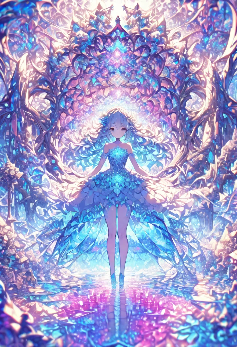 ((masterpiece)), (anime:1.3), ((Highest quality)), (Abstract art:1.5), (High resolution), (pale colour), Wide Shot, (Fractal structure:1.5), , landscape, (beautiful), (Biological atmosphere), deep sea, (pretty girl), beautiful白い髪, transparent Glass ice mirror Blue rose water晶 透き通っている water prism