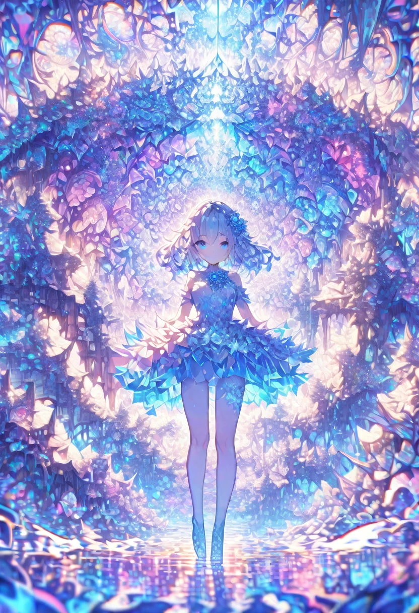 ((masterpiece)), (anime:1.3), ((Highest quality)), (Abstract art:1.5), (High resolution), (pale colour), Wide Shot, (Fractal structure:1.5), , landscape, (beautiful), (Biological atmosphere), deep sea, (pretty girl), beautiful白い髪, transparent Glass ice mirror Blue rose water晶 透き通っている water prism