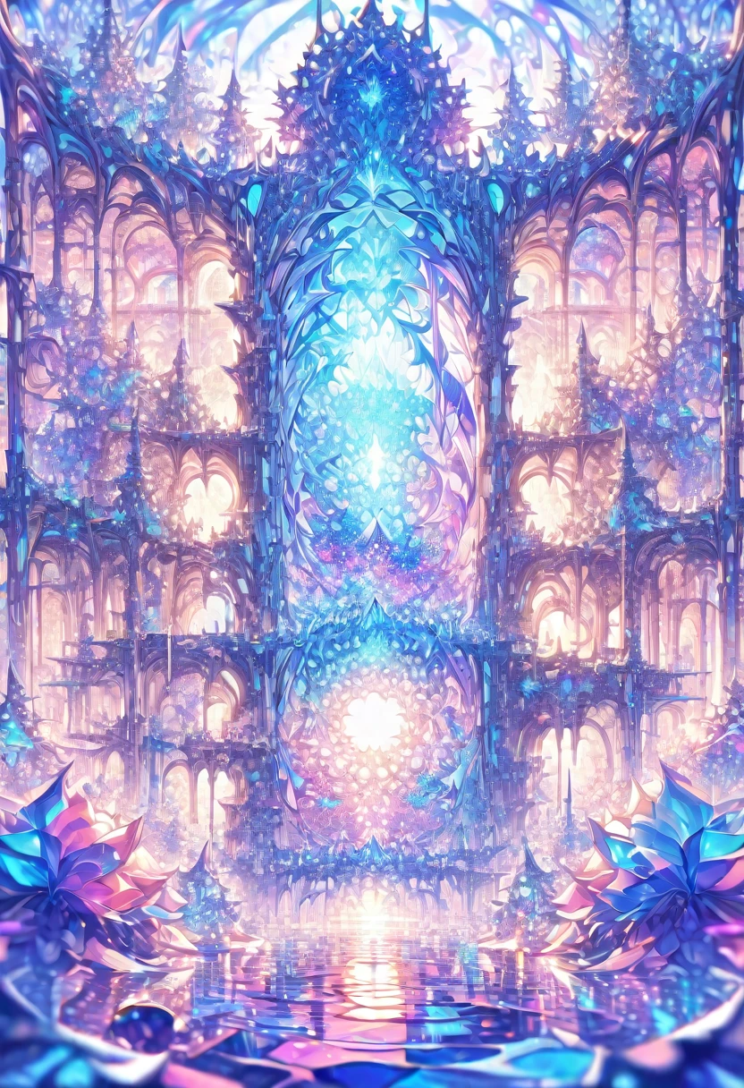 ((masterpiece)), (anime:1.3), ((Highest quality)), (Abstract art:1.5), (High resolution), (pale colour), Wide Shot, (Fractal structure:1.5), , landscape, (beautiful), (Biological atmosphere), deep sea, (pretty girl),  beautiful白い髪,  transparent　Glass　ice　mirror　Blue rose　water晶 透き通っている　water　prism