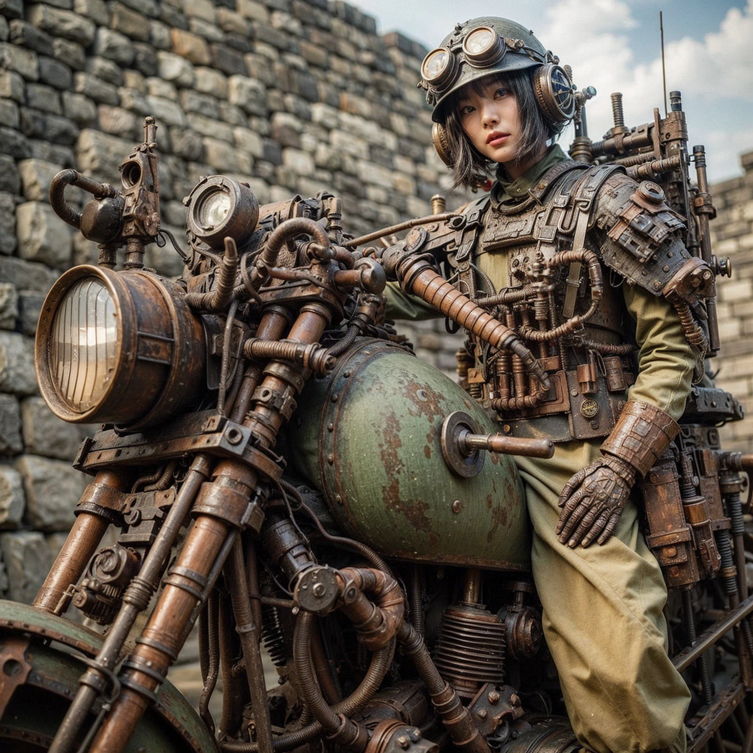 Dystopian night scene, very intricate details, Japanese woman wearing model-like armor, beautiful face, legs, cylinders that look like muscles, pose in motion, 8k, ultra high resolution, super realism, realistic photo, taken with Fuji film X-T30.+Nokton. HDR10