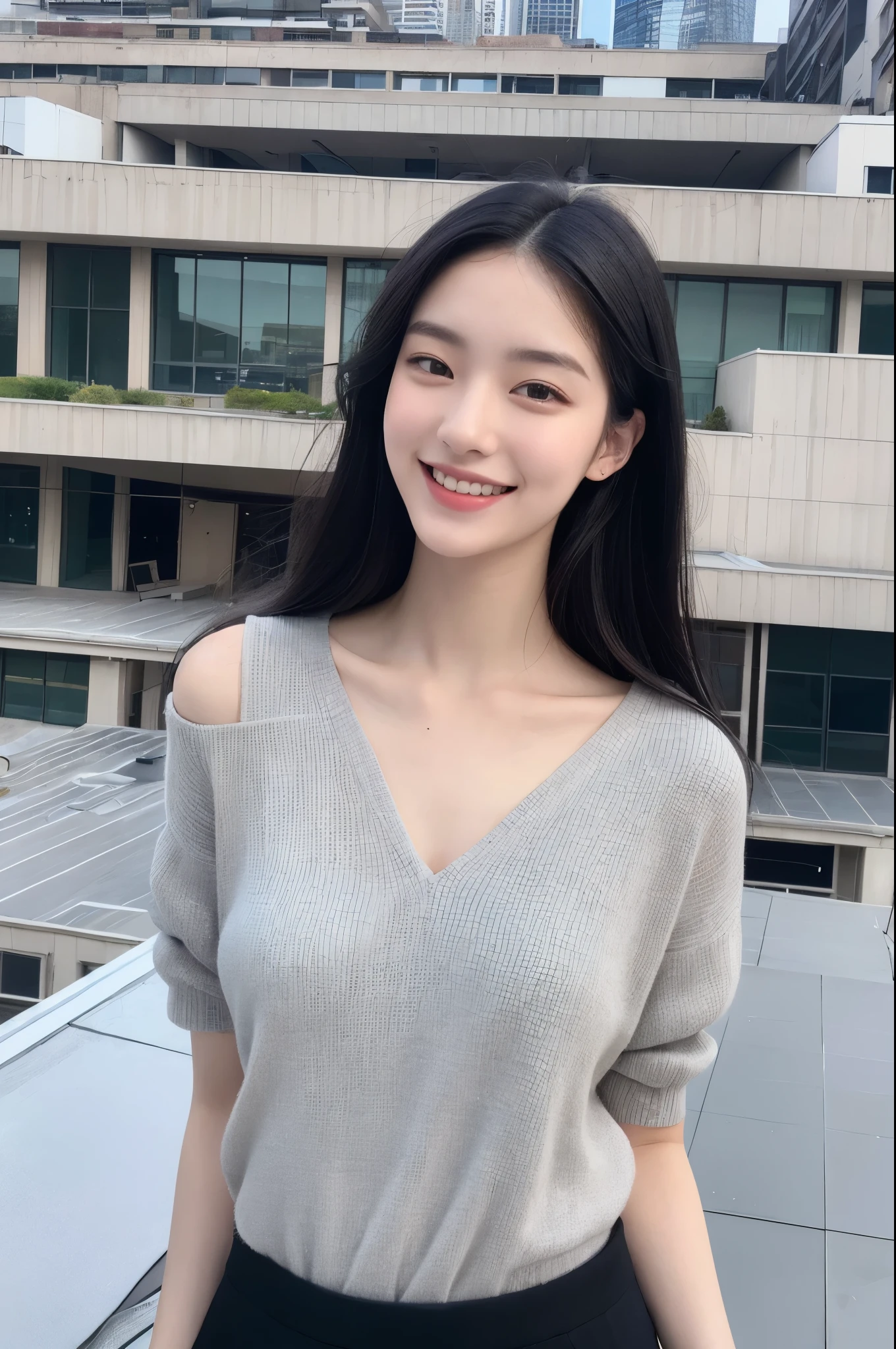 22-year-old girl, with gray eyes, pale white skin, slim figure, smiling, black hair, fashionable, photo taken with an ultra-realistic professional camera, she is on the roof of a luxurious building