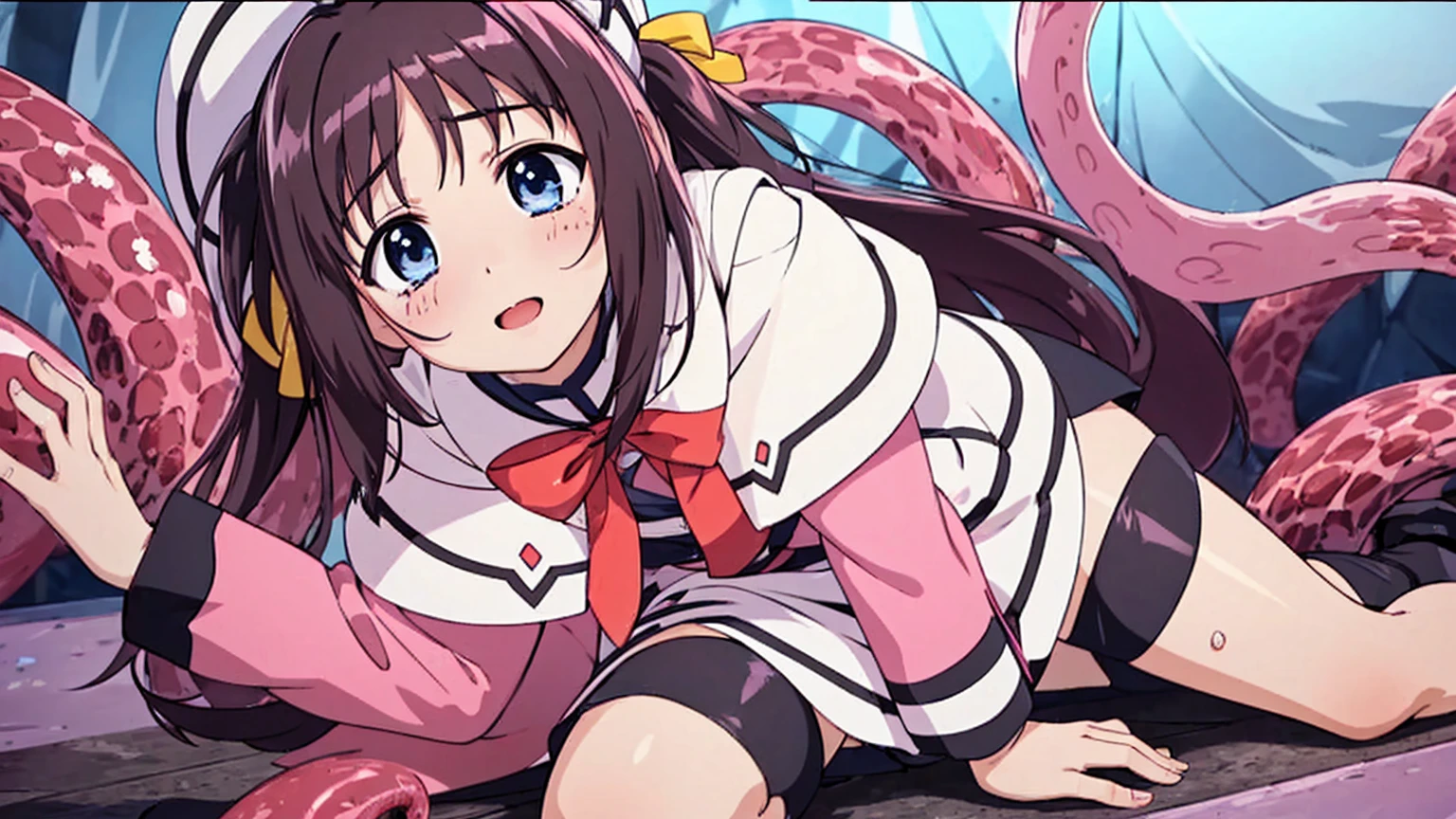 ((masterpiece, Side Lighting, finely detailed beautiful eyes: 1.2)), Super detailed, Ultra-high resolution, Professional Lighting, High quality makeup, beautiful detailed eyes, sexy, beautiful, Big eyes, Cowboy Shot, (Girl:1.3), hinatsuru ai, blue eyes, Black Hair, Brown Hair, Ridiculously long hair, Ahoge, Twin tails, Blue and white dress, Yellow ribbon, White Beret, smile, blush, wariza, Spread your legs,orgasm,blush, Sweat,White panties、Squat、Look at this、skirt、、Attacked by tentacles、Tentacles wrap around my legs、Tentacles in the crotch、Captured by tentacles、cry、shout、Ecstasy face、skirtの中の触手、Do not run away、Lying down、Torn clothes、skirtの下からスパッツが見えます、Spread your legs、Disheveled clothing、skirtをめくった、