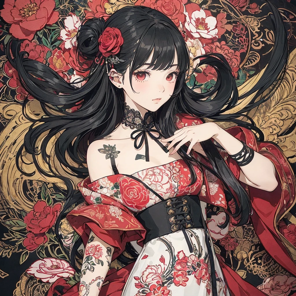 (masterpiece、top-quality、top-quality、Official art、Beautifully Aesthetic:1.2)、(1girl in:1.3)、ighly detailed、(Fractal Art:1.1)、(color:1.1) (florals:1.3)、(line-drawing)、line-drawing、Pen drawing、Zentangle、(Tattoo patterns:1.2)、(complex lines)、(masterpiece)、(top-quality:1.1)、(ultra-detailliert)、The best illustrations、finely detail、hand-drawn high quality、highly contrast、(Clean lines:1.3)、ligne claire、(portlate)、(very closeup:1.1)、girly fashion、antique、Red-black、1 girl in、catss、solo、A girl is surrounded by flowers、(intricate-detail:1.3)、(detailedbackground:1.2)、(coloured background:1.1)、Sketched、intricate-detail、hight resolution、(((Dynamic Action Poses)))