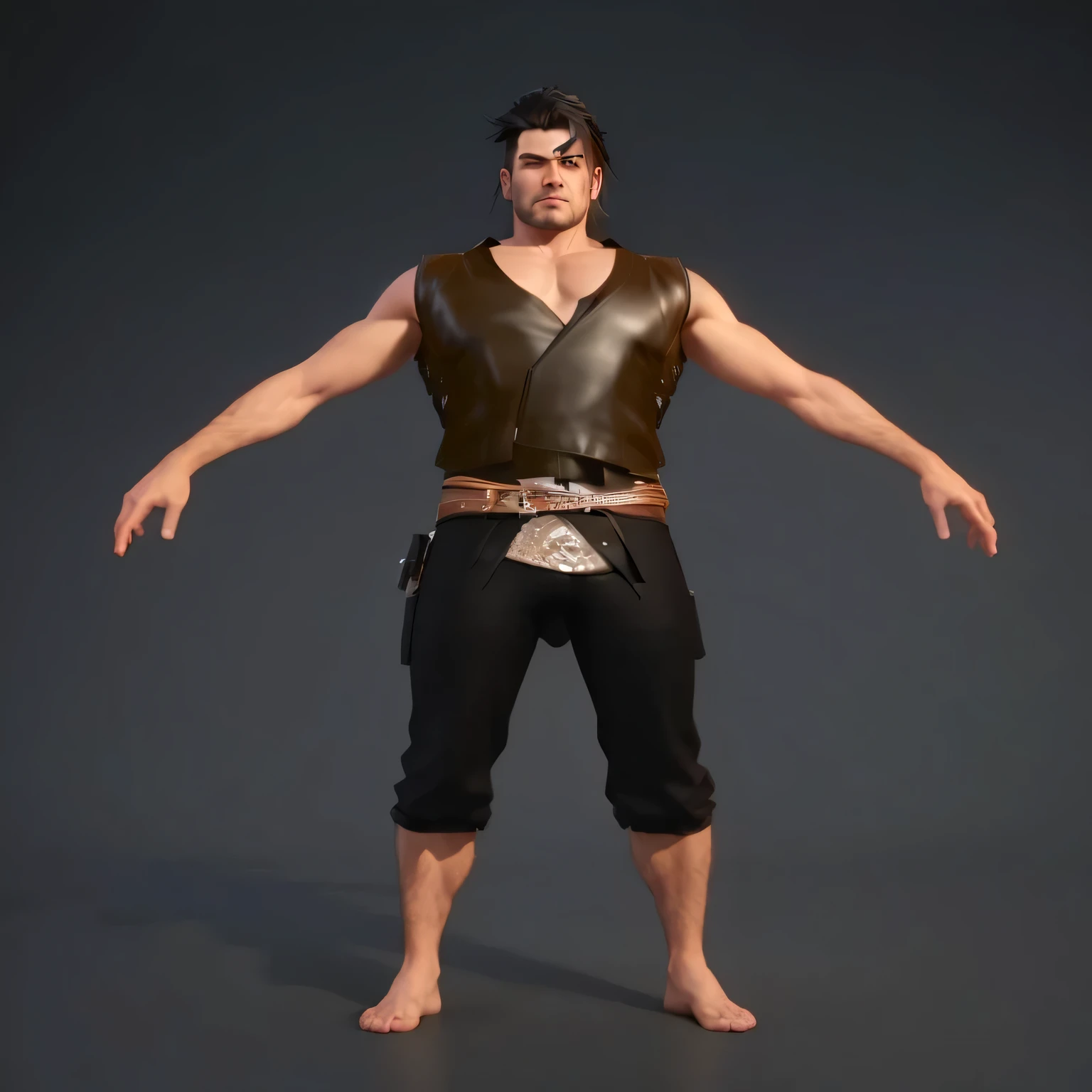 a 3d rendering of a man in a leather vest and black pants, male character, small character. unreal engine 5, highly detailed character, 3 d character, 3d character, 3d character realistic, 3 d character render, character posing, stylized character, realistically rendered clothing, character model, full body character, cinematic full character, character posing for concept art