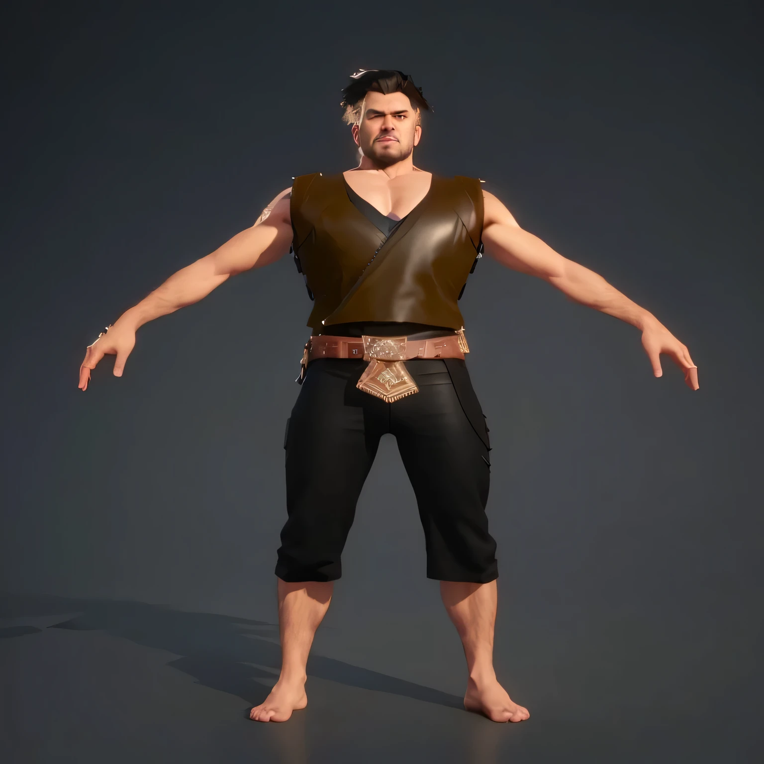 a 3d rendering of a man in a leather vest and black pants, male character, small character. unreal engine 5, highly detailed character, 3 d character, 3d character, 3d character realistic, 3 d character render, character posing, stylized character, realistically rendered clothing, character model, full body character, cinematic full character, character posing for concept art