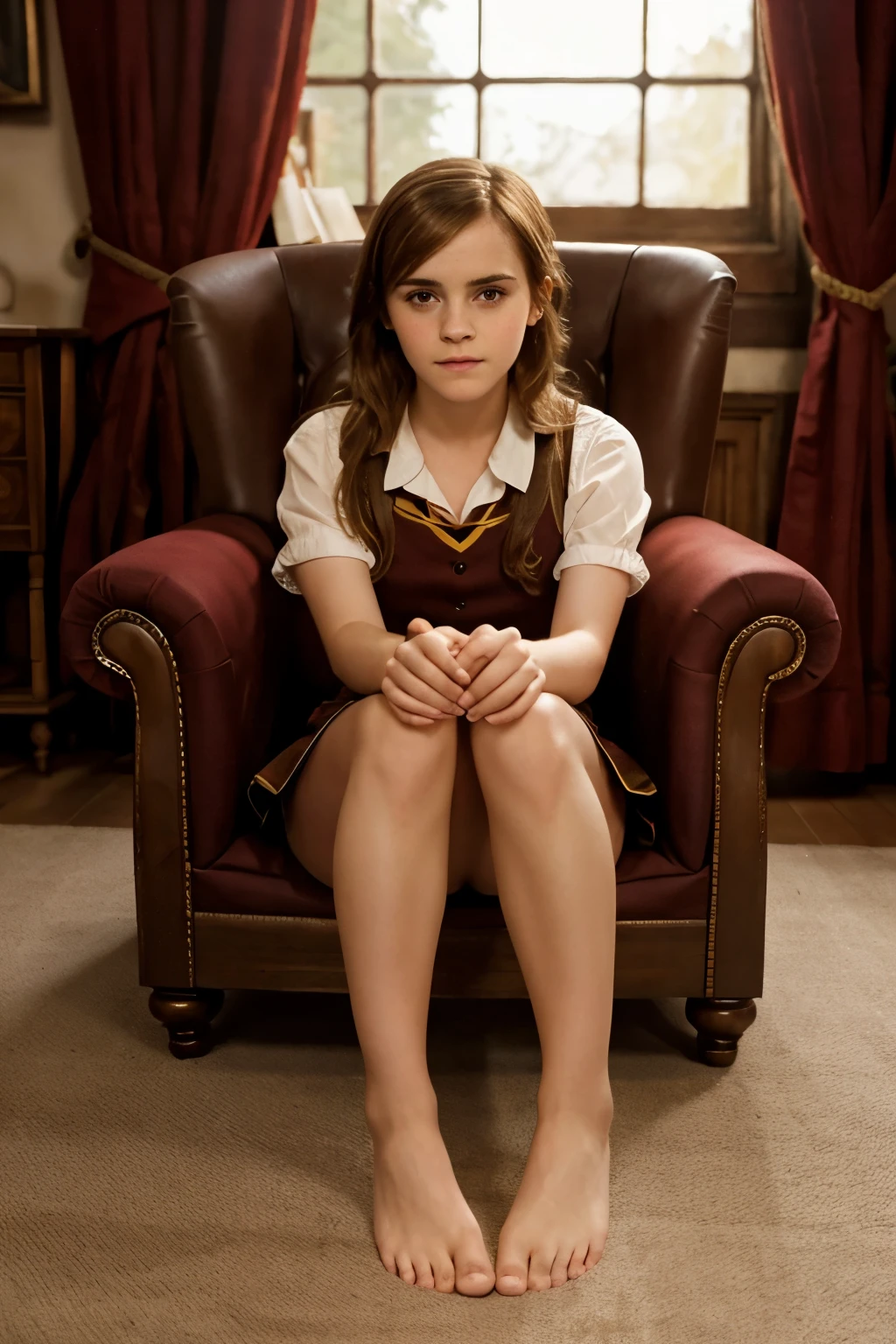 from front, emma watson as hermione granger in her gryffindor uniform, short skirt, sitting on an armchair, hands resting on the armrests, legs apart, bare feet